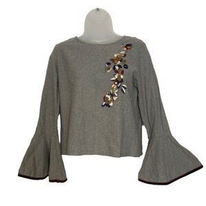 Thml Riverside Top Gray Embroidered Floral with Bell Sleeves